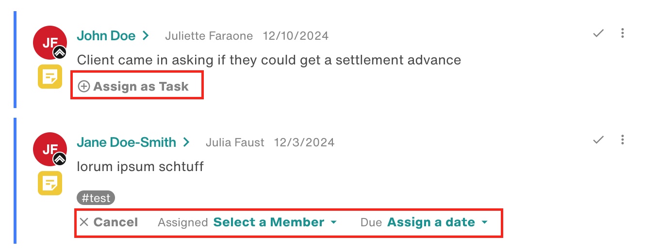 The feed is in card view. One activity item shows the option to assign as task. For the next item, the user already selected 'Assign as task,' and now see the option to select the assignee and due date.