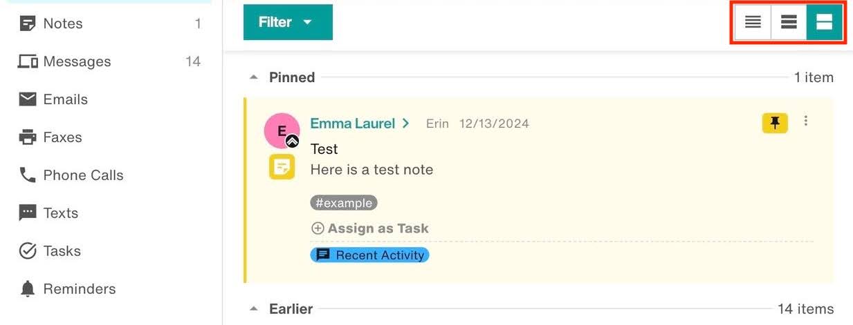 In Activity Feed, a set of three buttons allows you to switch between card view, condensed view, and list view