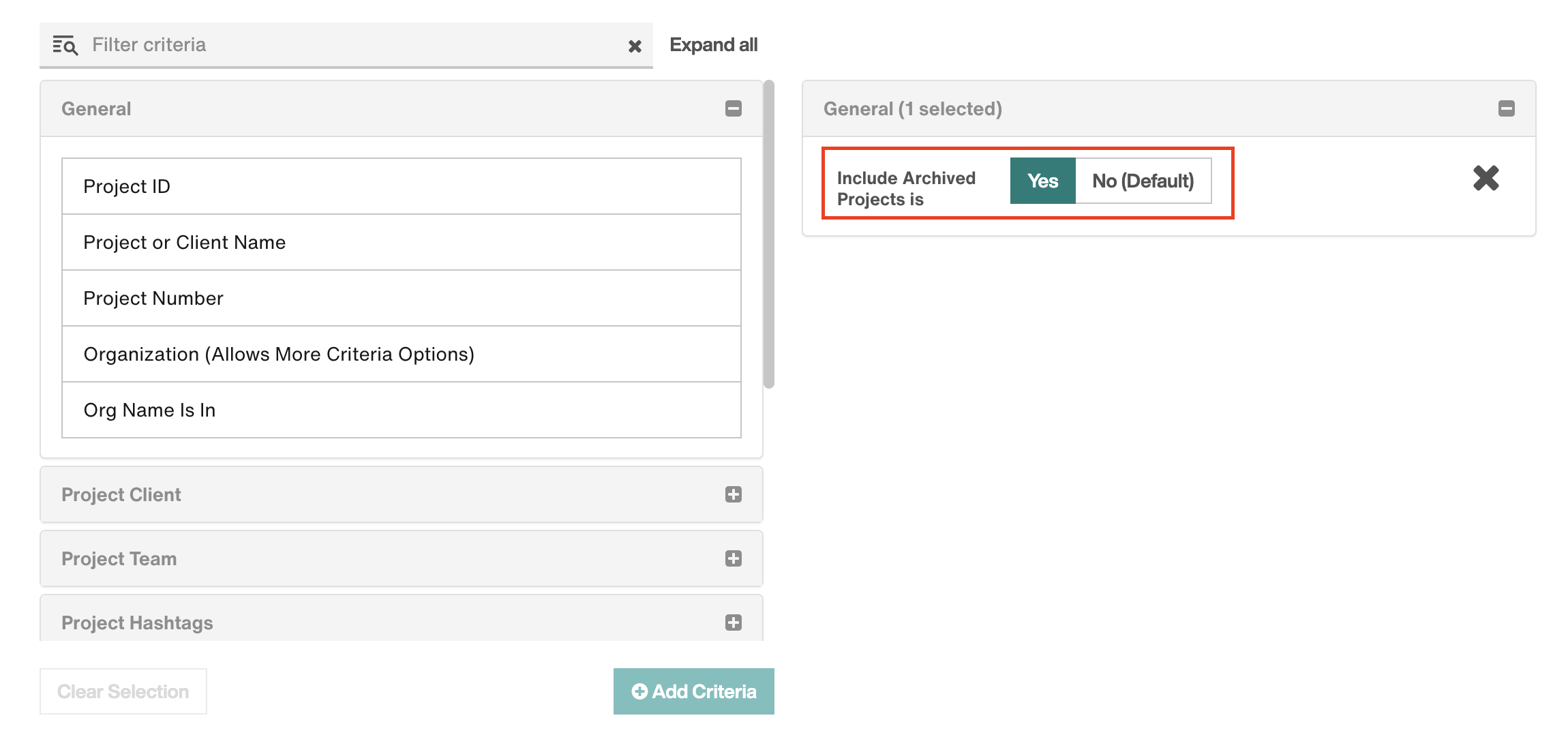 Report Builder Criteria: Include Archived Projects