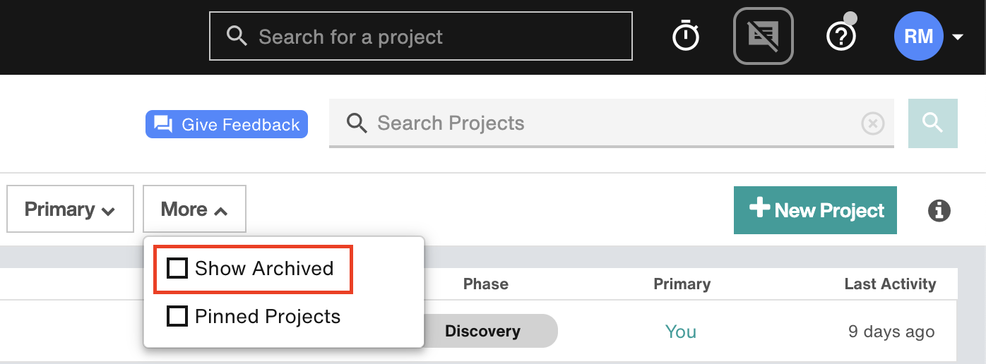 Show Archived Projects in the Project Hub