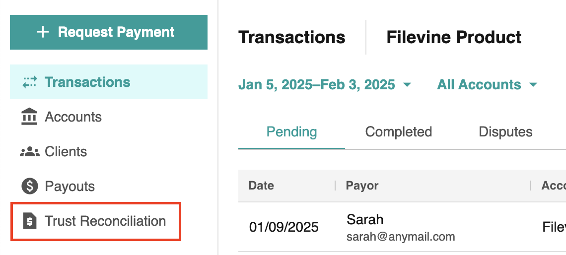 Payments App - Trust Reconciliation Section