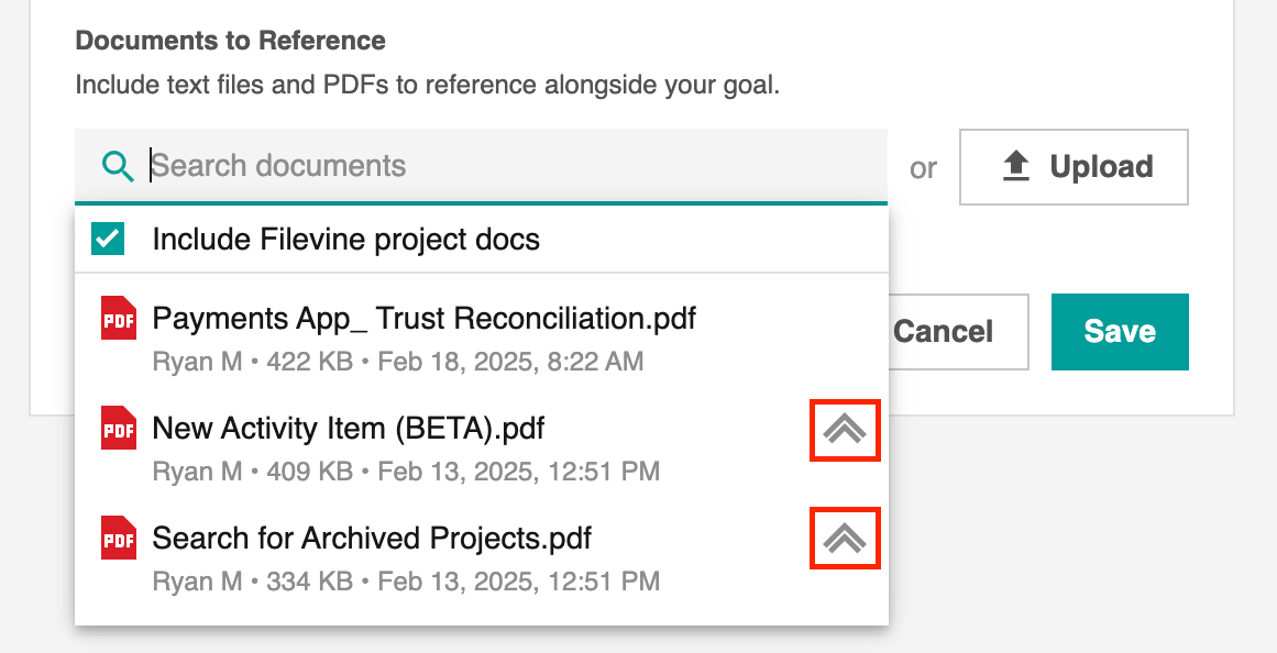 Documents to Reference: Search documents or Upload