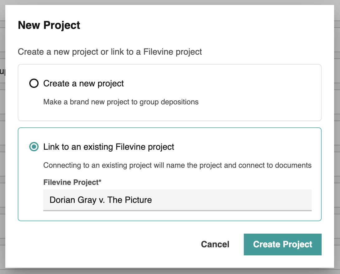 Create a new project or link to a Filevine project
