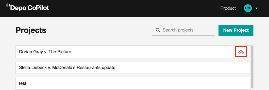 Project list: One project is linked with Filevine, while two projects are not