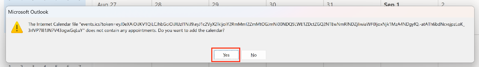 Outlook Warning - Internet Calendar does not contain any appointments