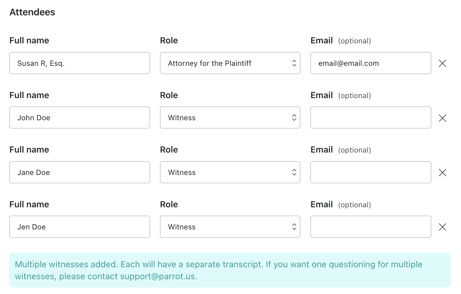 Schedule Proceeding modal - Attendees section - Three attendees have been added and given the Witness role