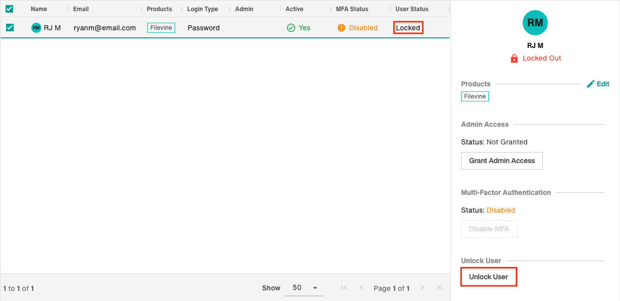 User Status - Locked. Unlock User button is available in the flyout