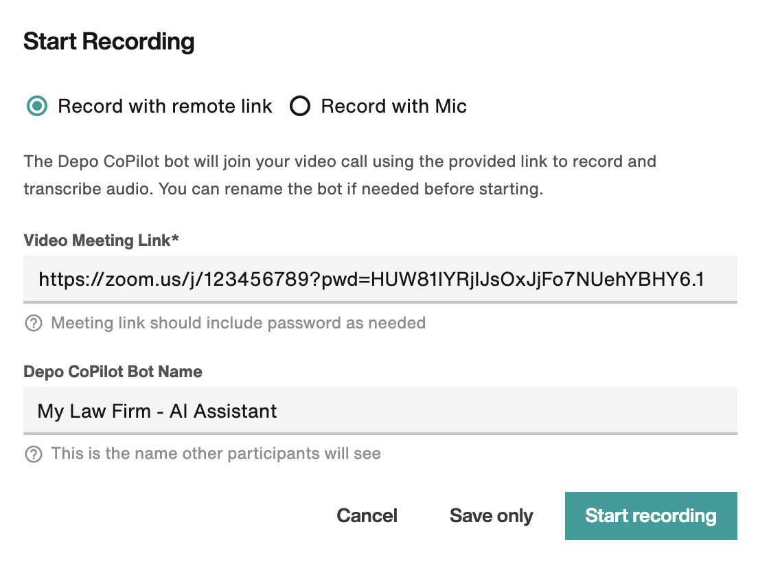 Start Recording modal: Record with remote link