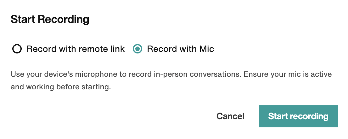 Start Recording modal: Record with Mic