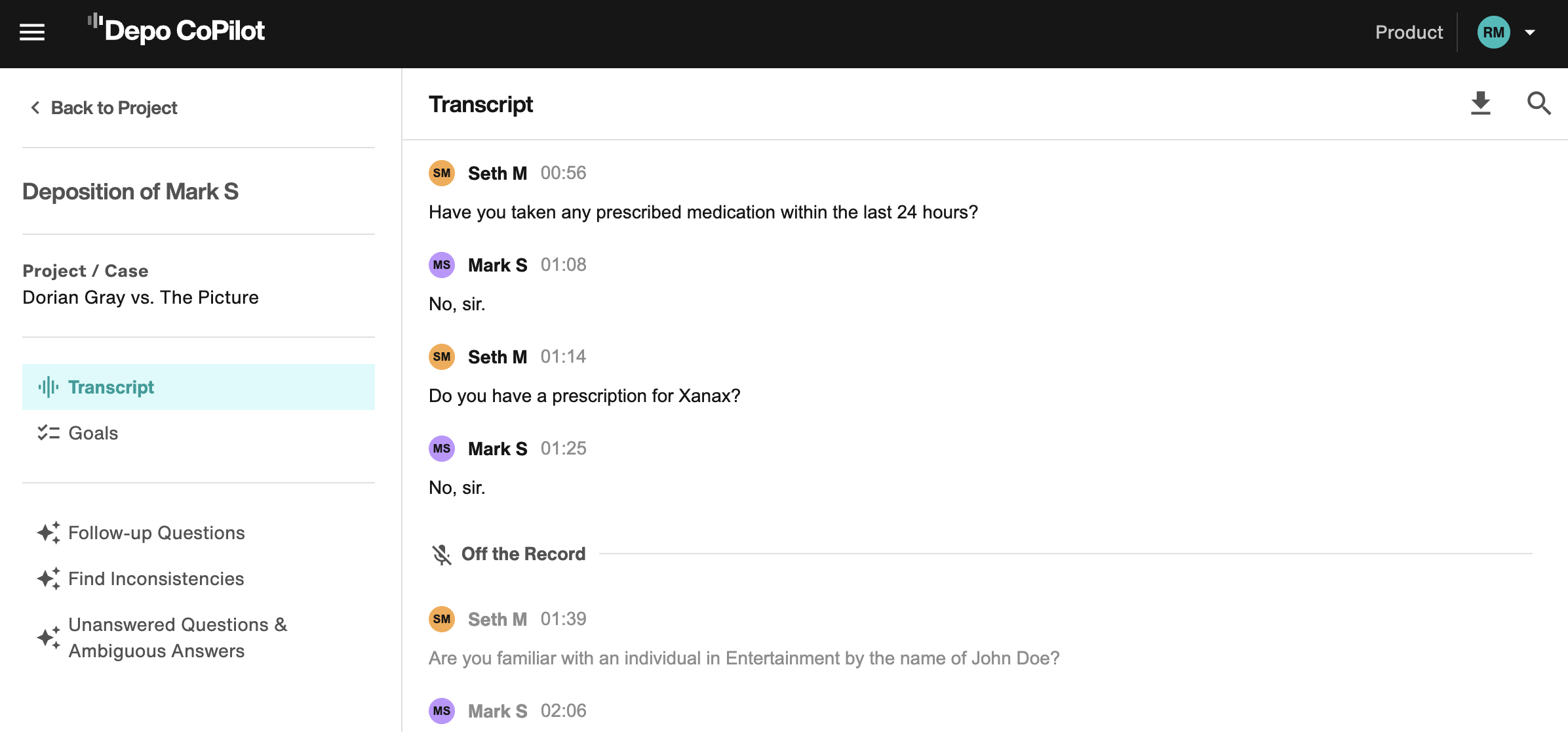 Transcript shows exchange of question and answers between attorney and witness. After a few utterances, the transcript switches to "Off the Record" and displays utterances that were excluded from AI analysis.