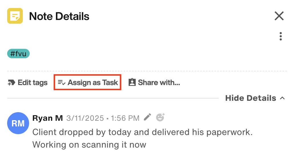 Note Details flyout: Assign as Task