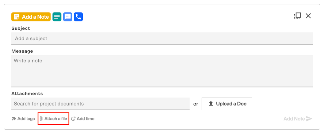 Attach a file: Search for project documents or Upload a Doc