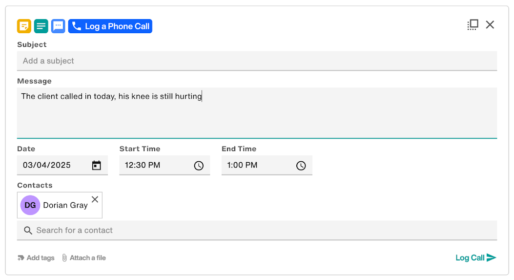 Add New Activity: Log a Phone Call
