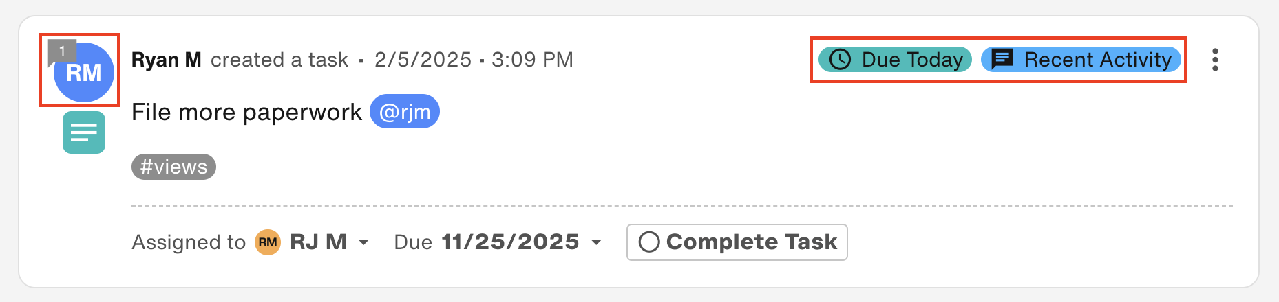 Item has one reply, and displays 'Due Today' and 'Recent Activity' tags