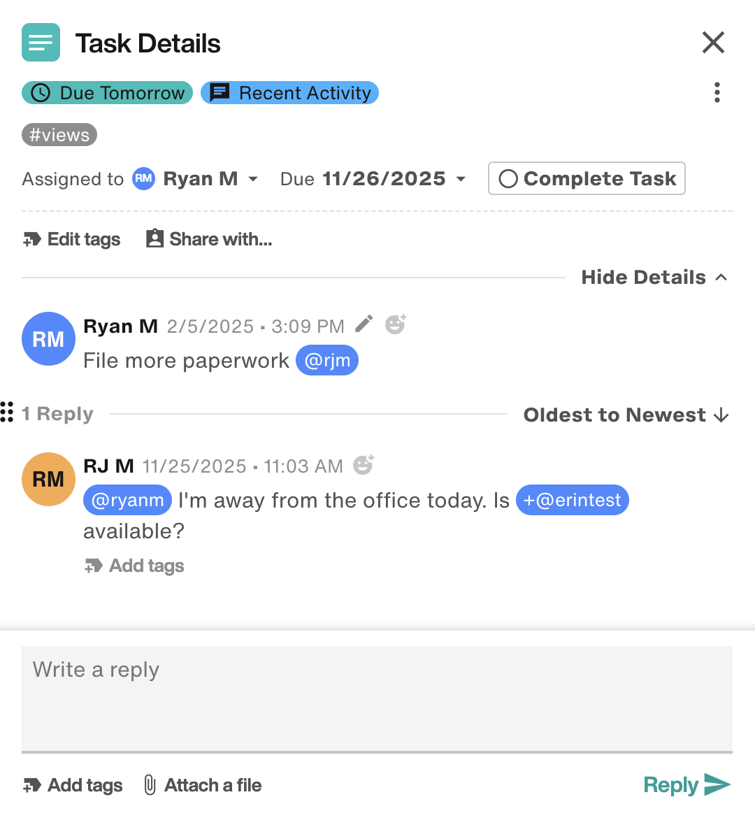 Task Details flyout with replies