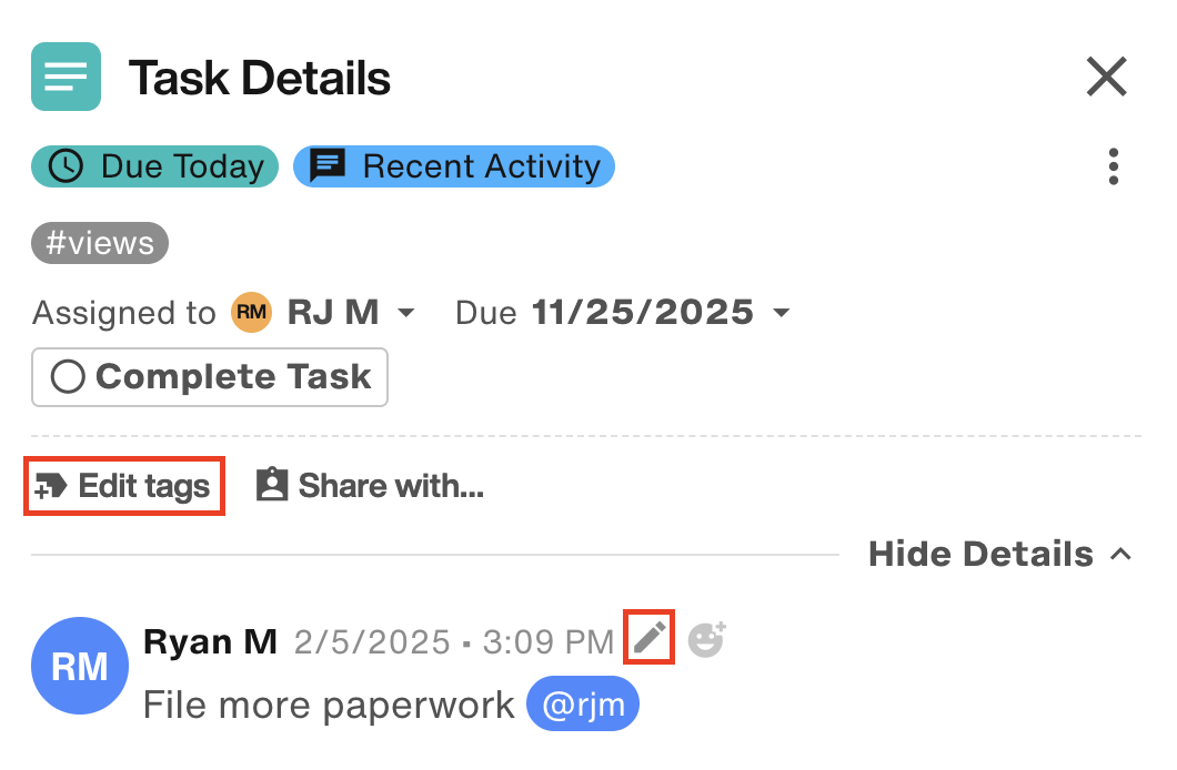 Pencil icon and Edit Tags button