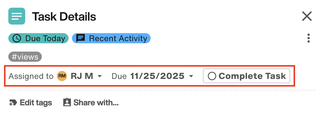 Assigned to, Due Date, and Complete Task fields