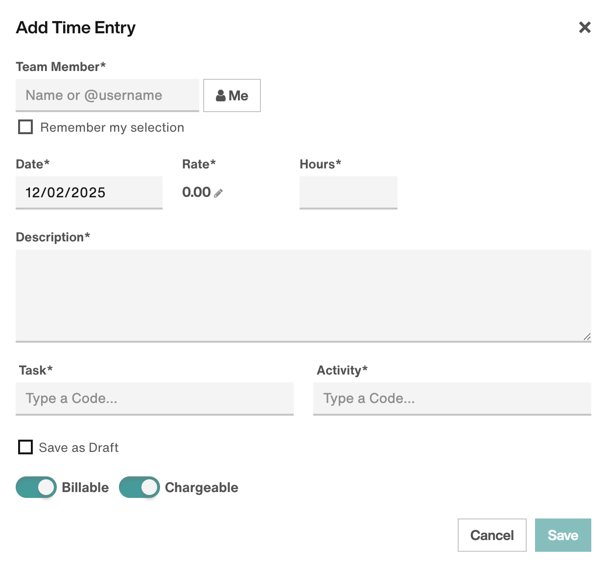 Add Time Entry modal