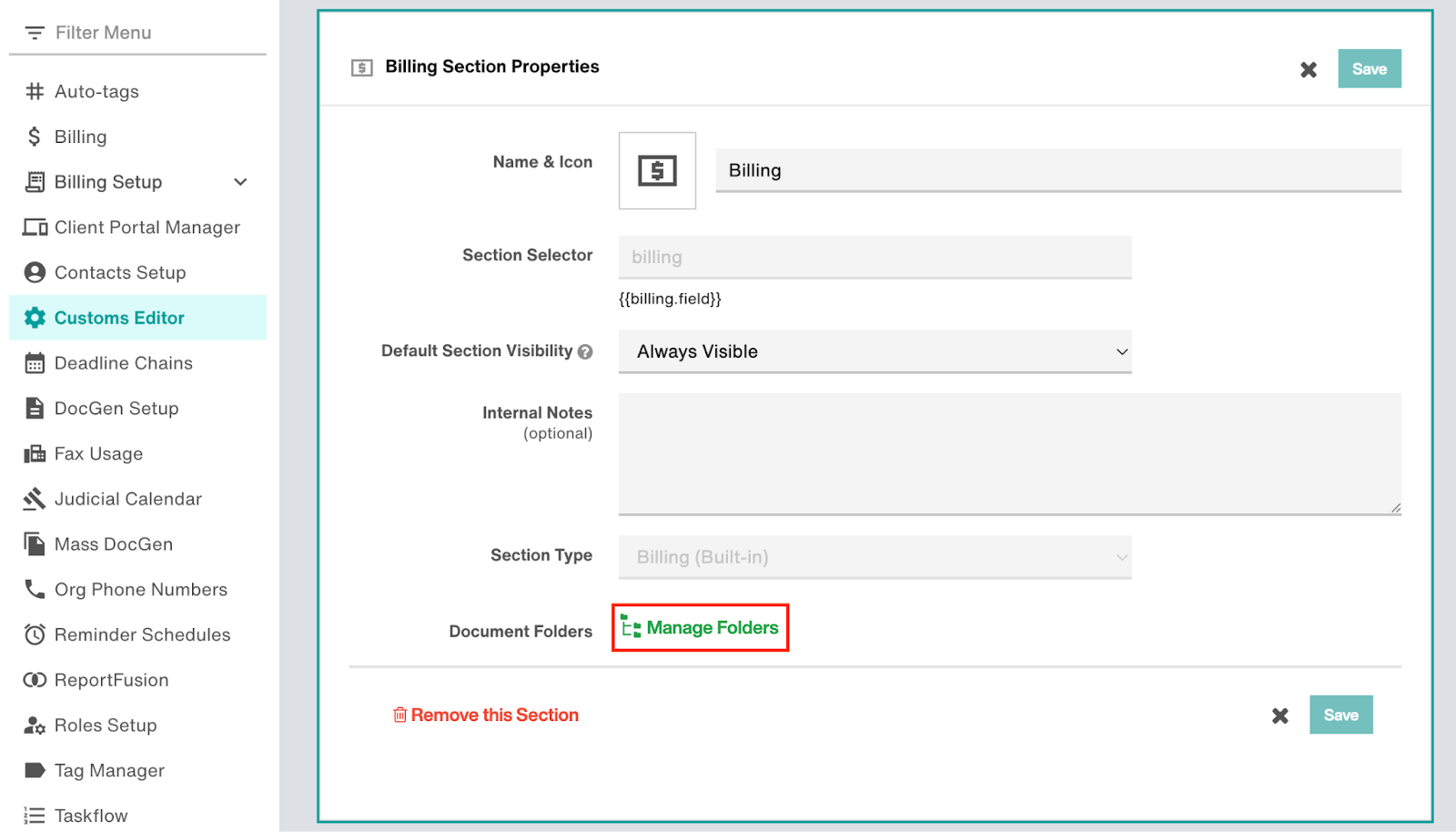 Billing Section Properties - Manage Folders