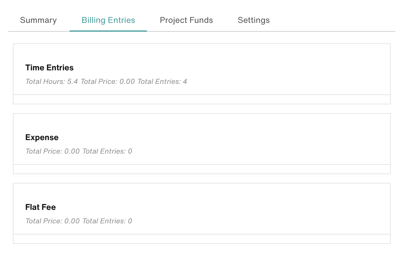 Billing Entries tab - all billing item categories are collapsed