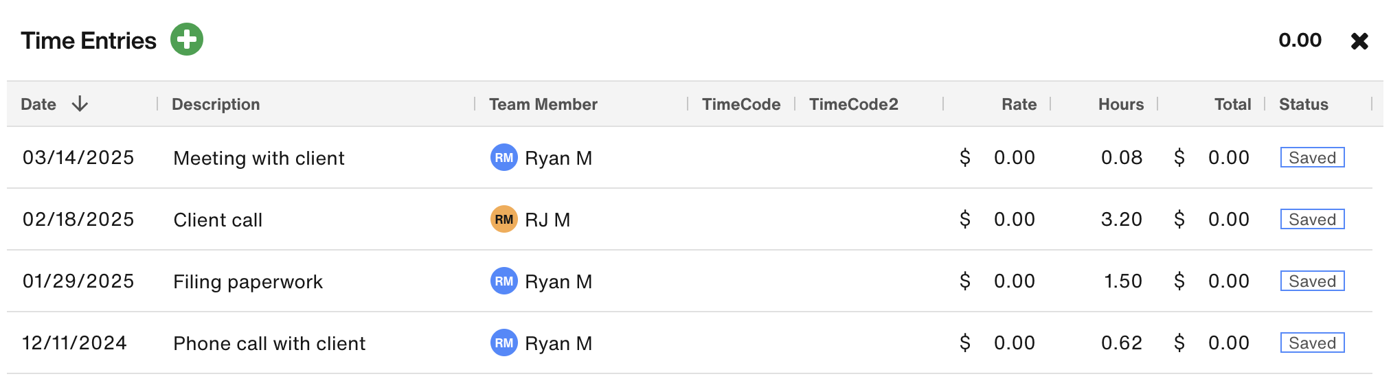 Billing Entries tab - Time Entries category is expanded