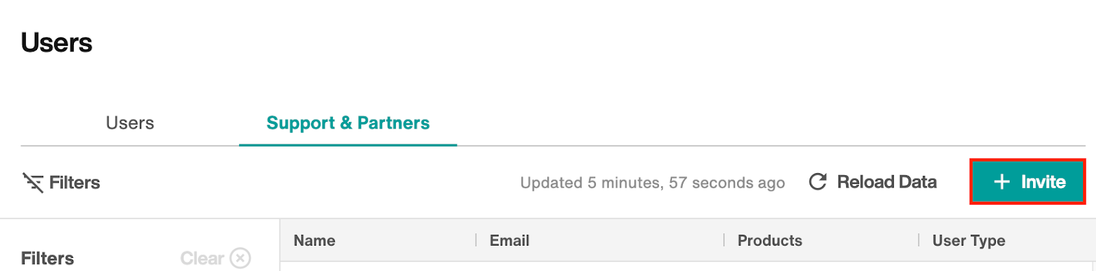 Support & Partners tab: Invite button