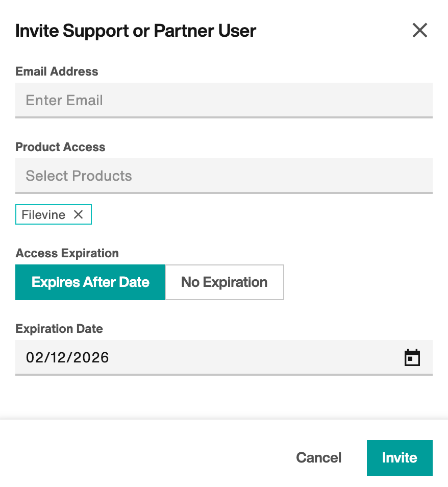 Invite Support or Partner User flyout
