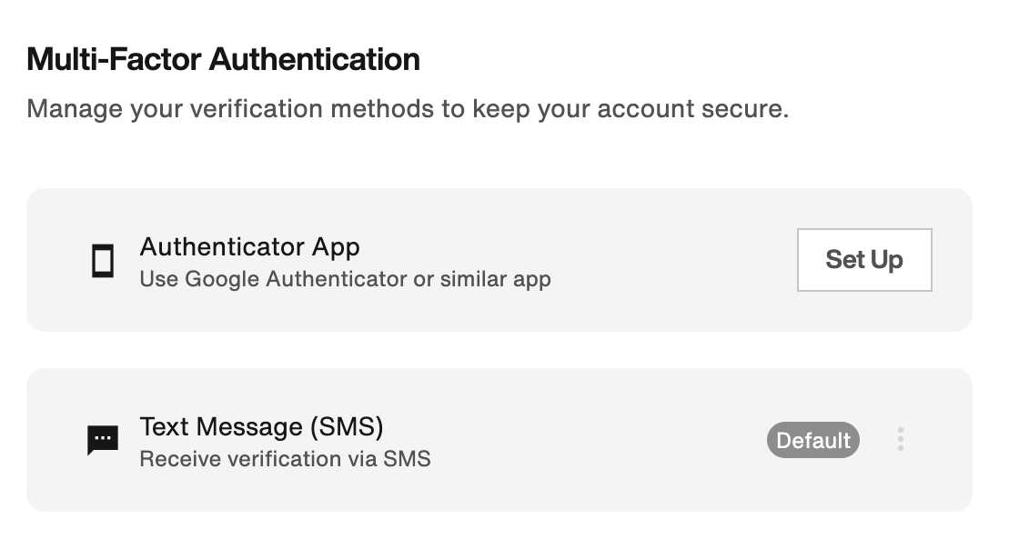 Multi-Factor Authentication: Text Message is the default. Authenticator App has not been set up.