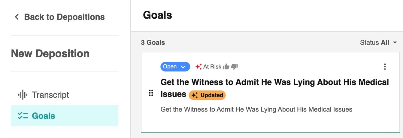 Sample goal with an Updated badge. Status: Open. Suggested Status: At Risk.