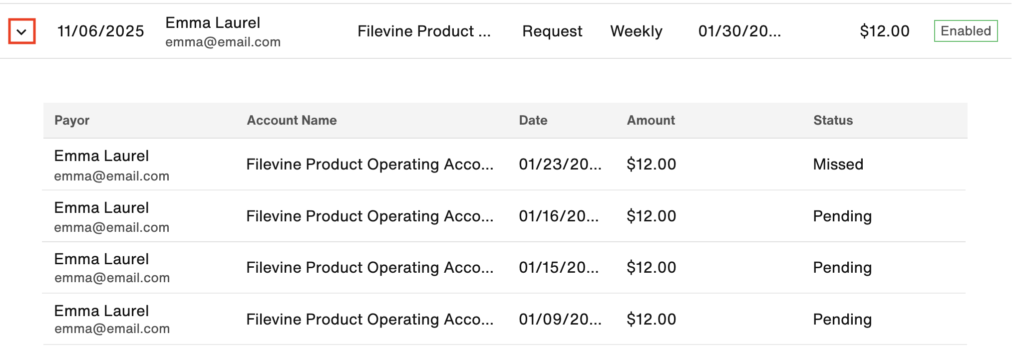 Sample transaction history for recurring transaction