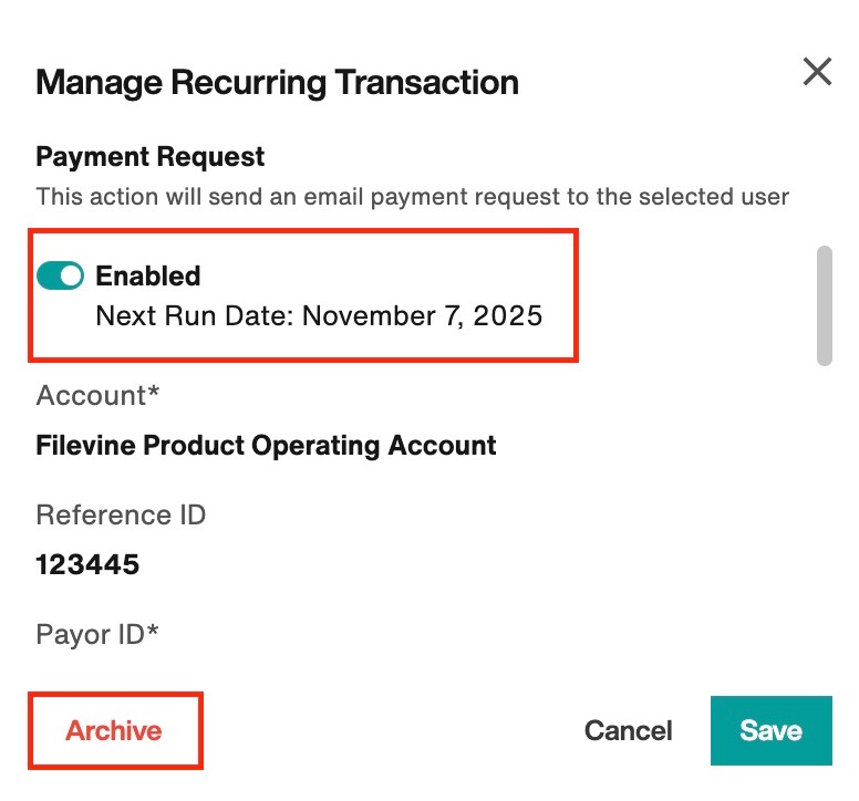 The Enabled toggle and Archive button are highlighted