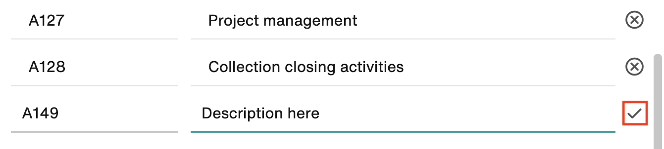 Enter new code and description, then click the checkmark icon