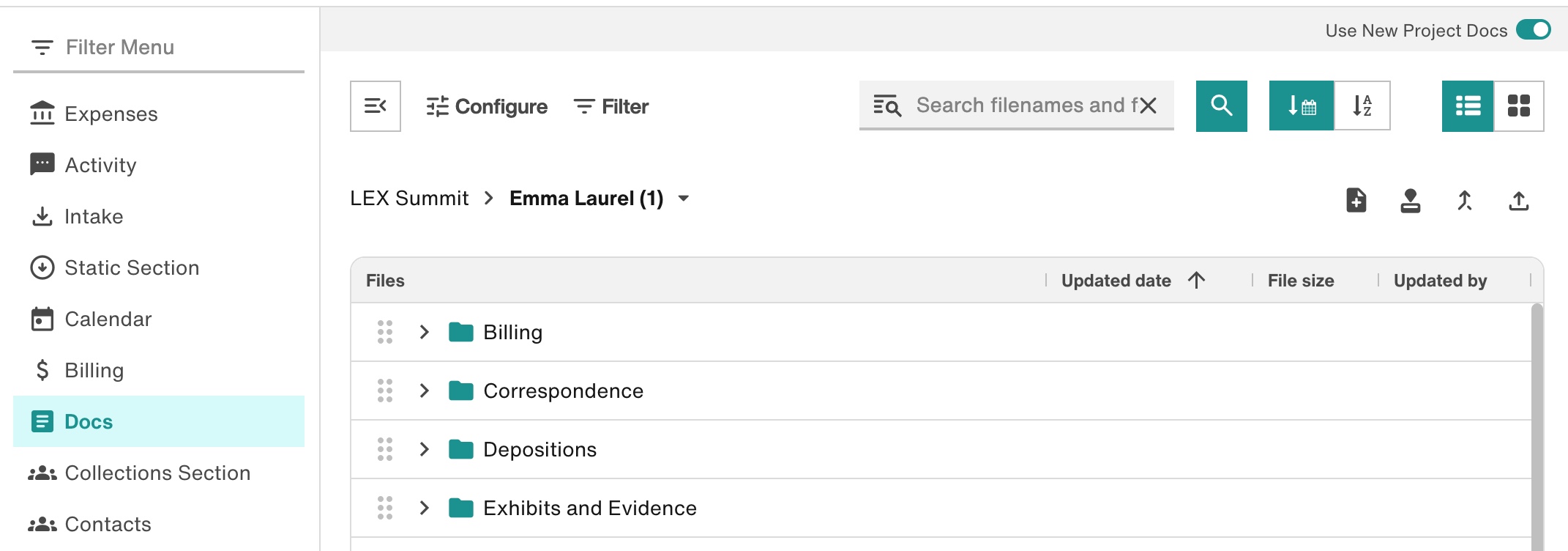 Docs section: Filtering, configuration, and table showing documents and folders