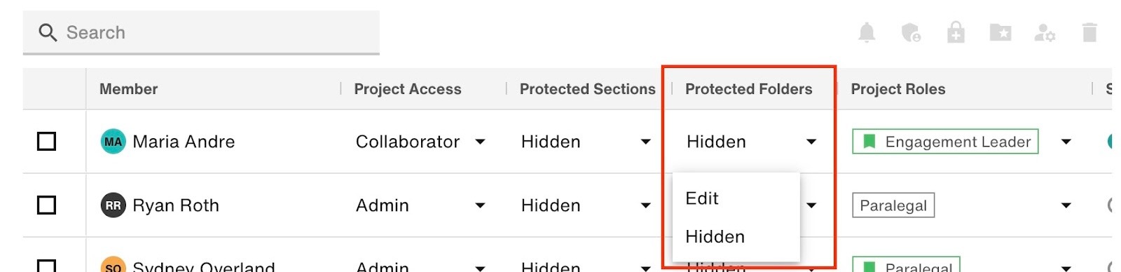 Protected Folders dropdown: Edit or Hidden
