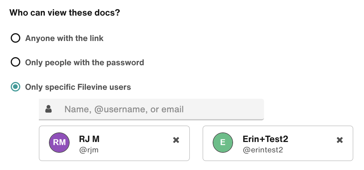 Only specific Filevine users: Two users are selected.
