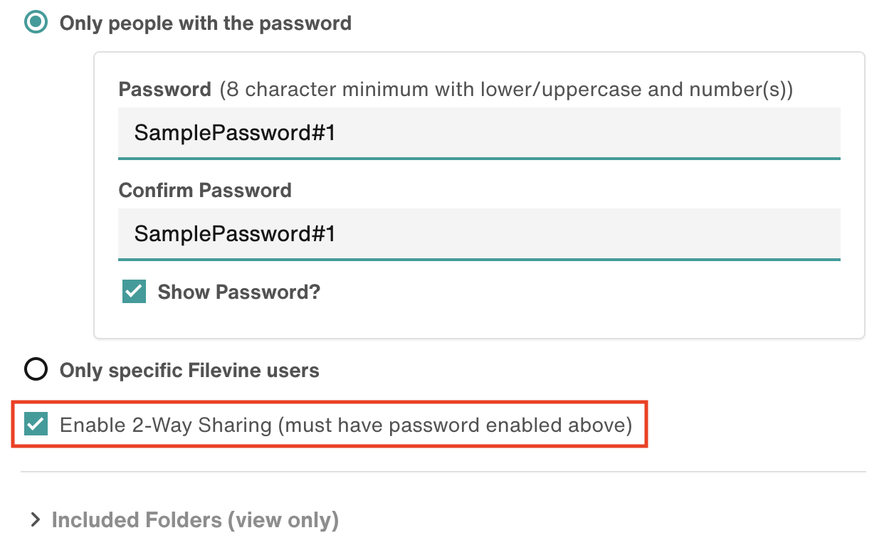 Checkbox: Enable 2-Way Sharing (must have password enabled above)
