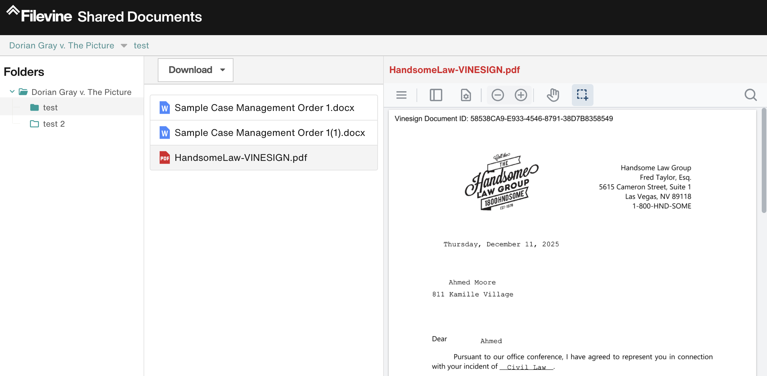 Filevine Shared Documents view