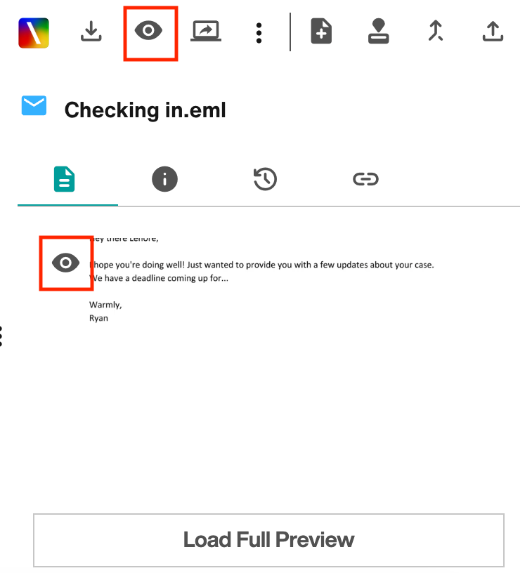 Eye icon in top menu and Preview tab
