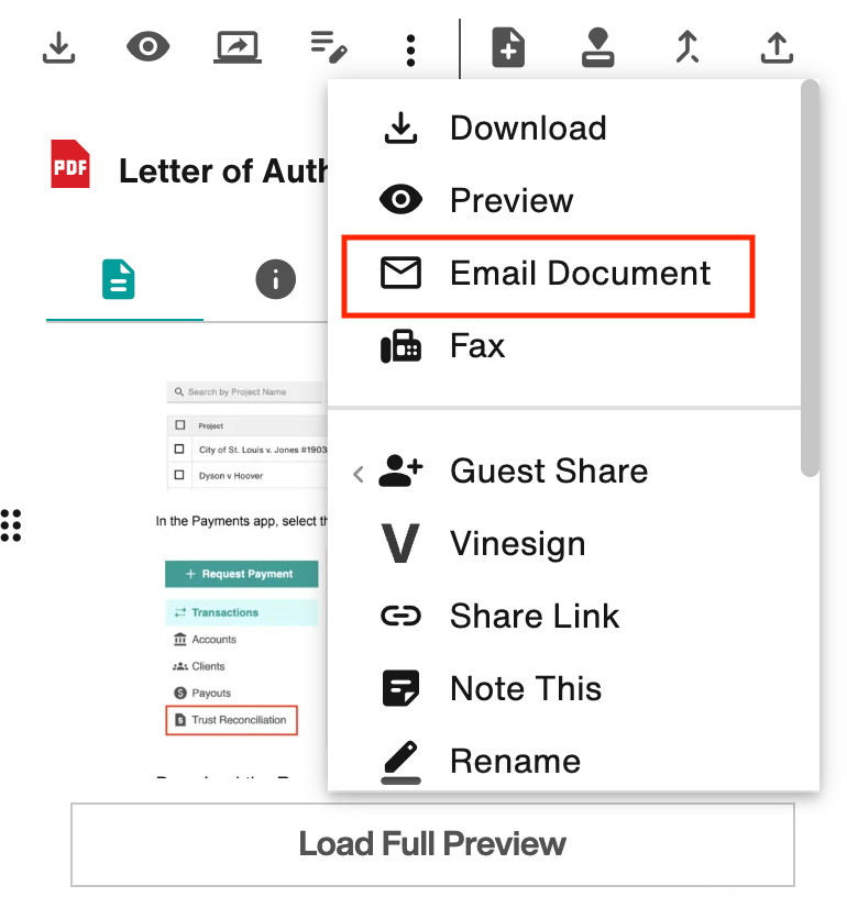 Vertical ellipsis menu: Email Document