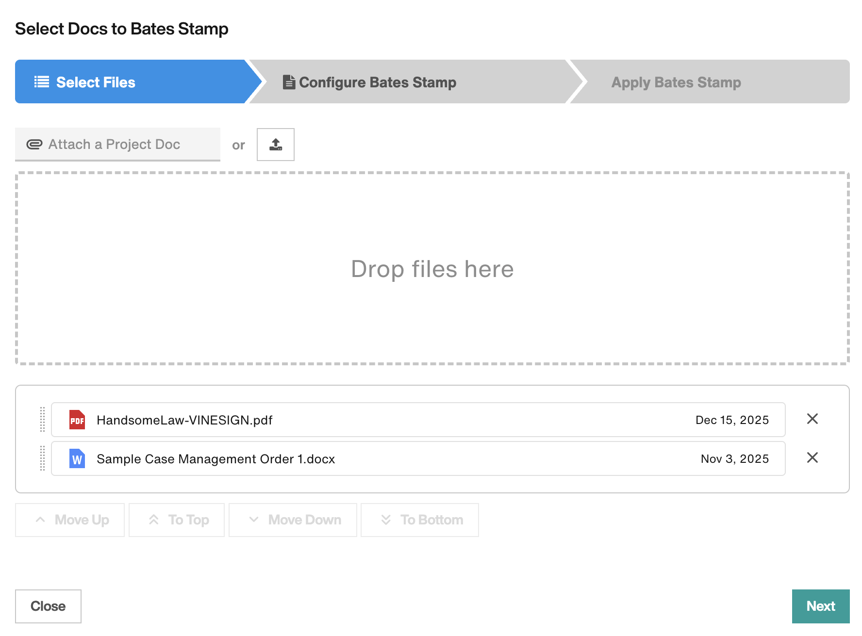 Select Docs to Bates Stamp