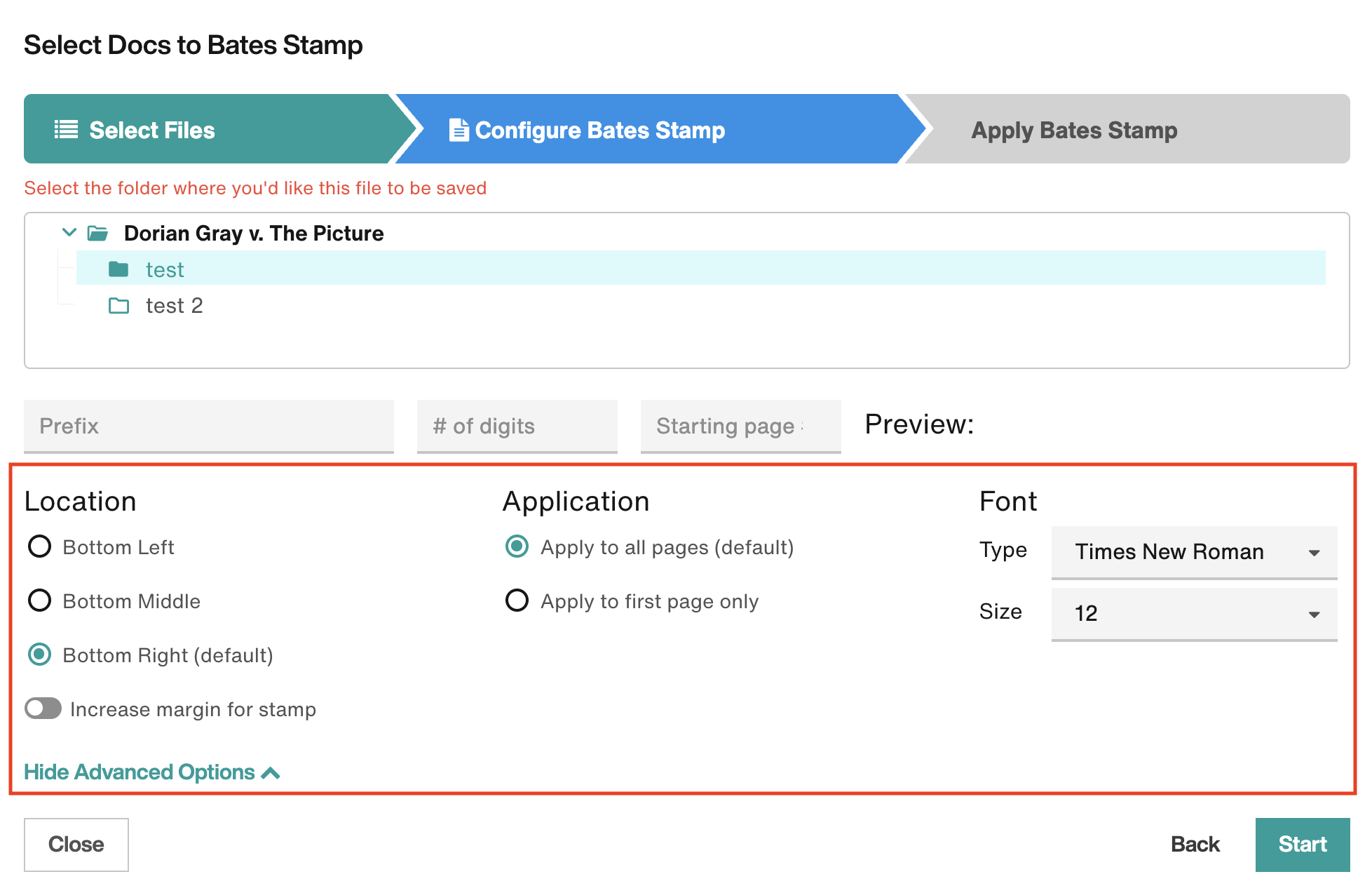 Configure Bates Stamp: Advanced Options