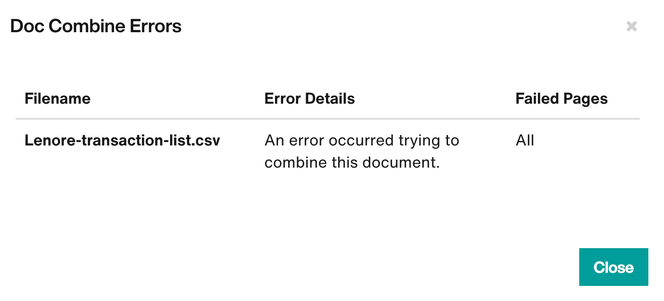 Doc Combine Errors modal
