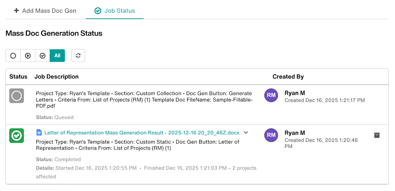 Job Status tab