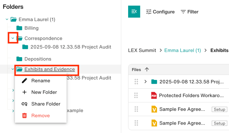 Click the caret to expand a folder. Click on a folder name, then click again, to see folder actions.