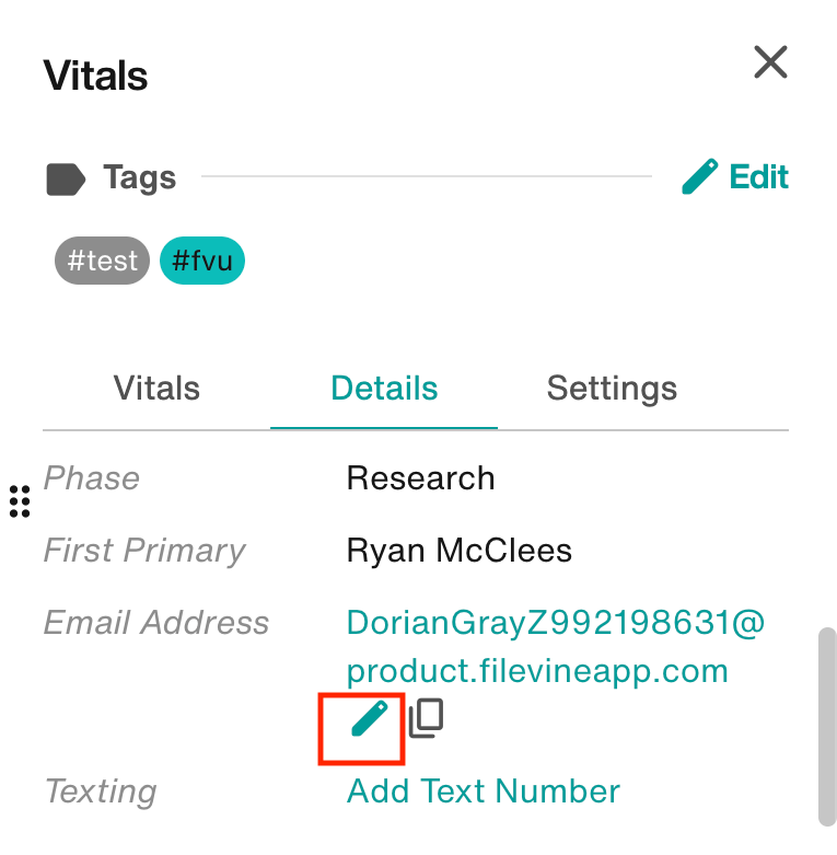 Pencil icon next to project email