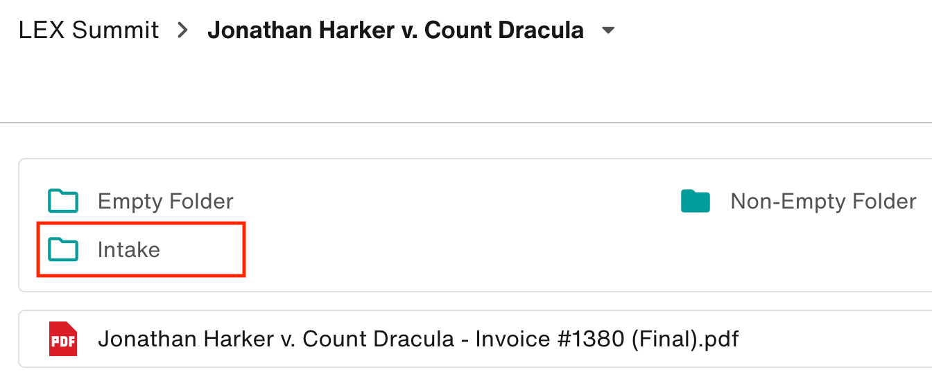 The newly-added Intake folder is displayed.