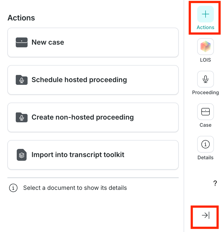 In the righthand panel menu, the currently-selected Actions menu is highlighted, as well as the collapse (arrow) icon