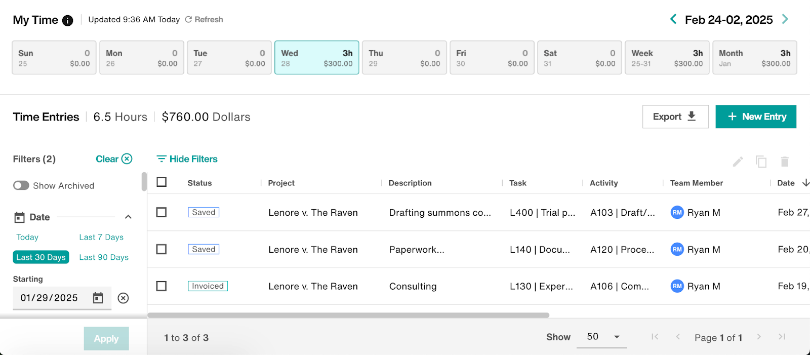 Time Entries view: My Time and Time Entries sections