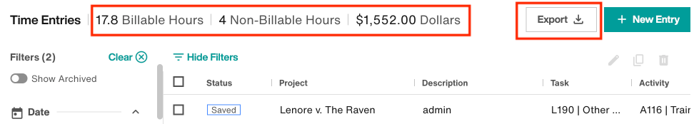 View total billable and non-billable hours, and export data