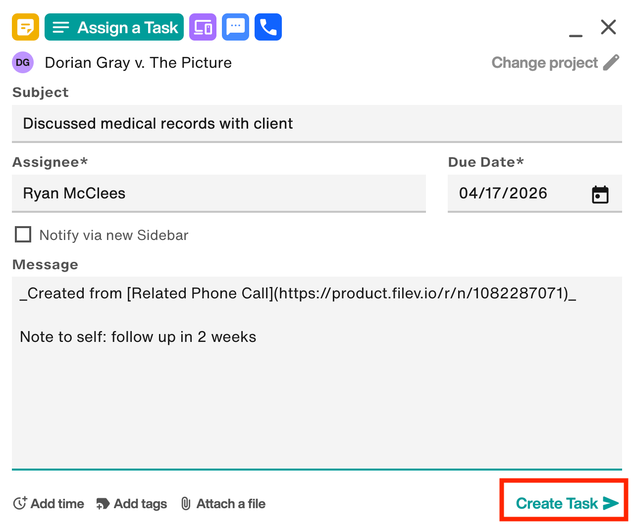 Assign a Task: Created from Related Phone Call